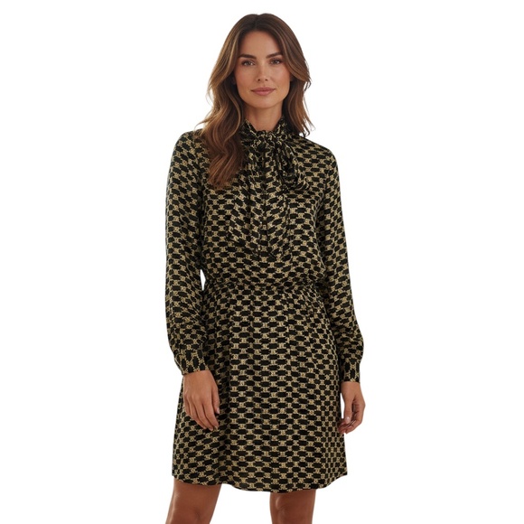 CELINE BLACK / GOLD METALLIC FALL WINTER 2022 TRIOMPE LOGO TIE NECK SILK DRESS - Picture 7 of 7